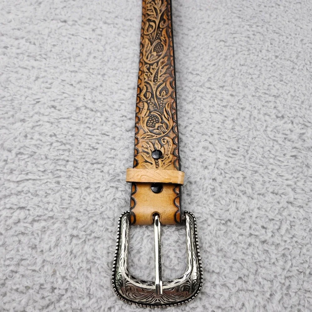 Vintage Brown Tooled Leather Western Belt Made in Mexico Size 42 Silver Buckle